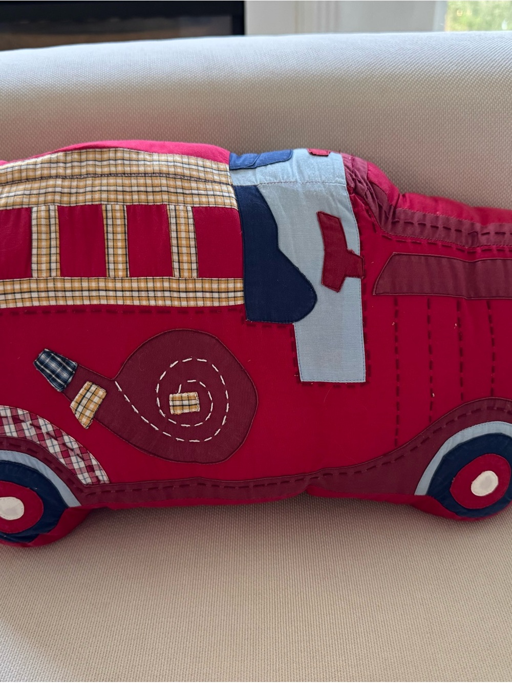 Pottery Barn Kids Red Fire Truck Plush Pillow with Navy and Cream Accents